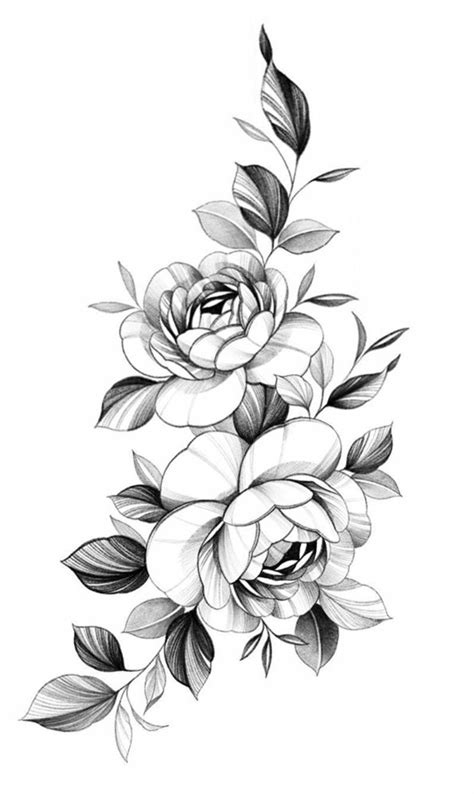 Black And White Drawing Of Flowers With Leaves On The Bottom Half Of