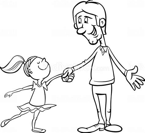 black and white cartoon illustration of father and little daughter dancing ballet for coloring