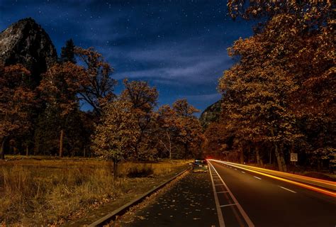 Roads Sky Autumn Night Trees Motion Nature Wallpapers Hd