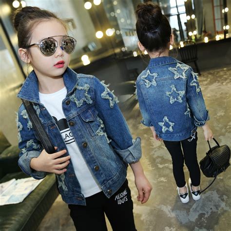 Star Patched Teenage Girls Denim Jacket Kids Girls Outerwear Coat 2019