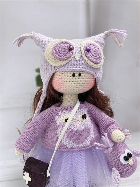 Tilda Doll Handmade With Dark Hair Crochet Doll With Owl Etsy