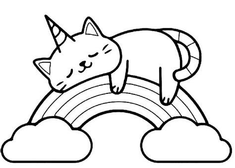 Omalovánka Kočičí Jednorožec Spí Na Duze K Vytisknutí Zdarma