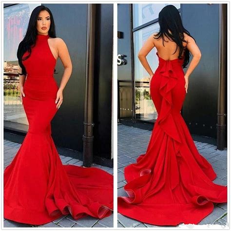 2020 elegant satin mermaid prom dresses backless ruffles ruched backless long formal party prom