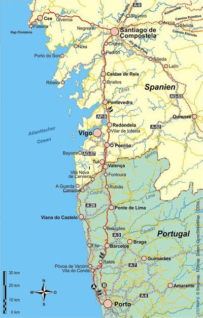 Portugal map for free download and use. Karte - Caminho Portugues - Der Jakobsweg in Portugal ...