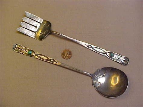 Fred Harvey Era Navajo Silver And Turquoise Matching Spoon And Fork Salad