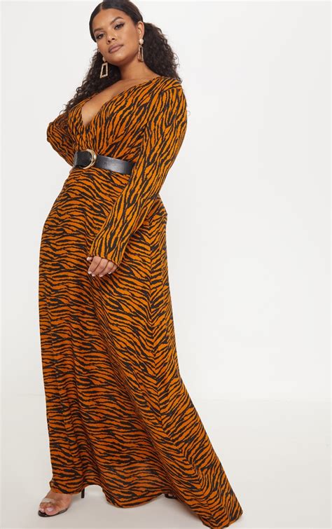 Plus Rust Tiger Print Satin Long Sleeve Maxi Dress Prettylittlething Qa