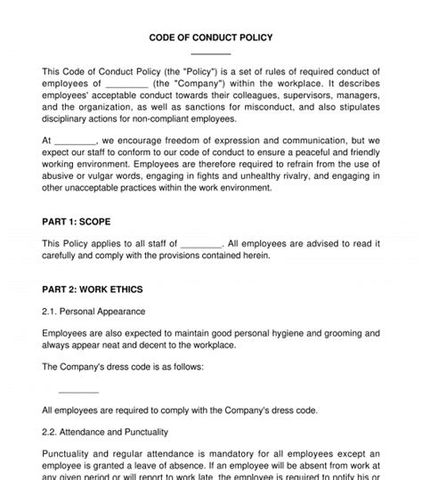 Employee Code Of Conduct Policy Sample Template