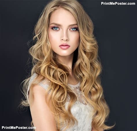 Poster Of Blonde Fashion Girl With Long And Shiny Curly Hair Beautiful Model In Light B