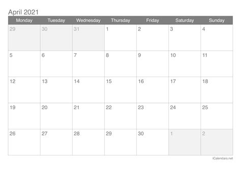 Monatskalender, alle zwei monate, quartalskalender, kalenderhalbjahr, druckbare kalender, fotokalender, alle freien, verschiedenen größen stehen zur verfügung. April 2021 Printable Calendar - icalendars.net
