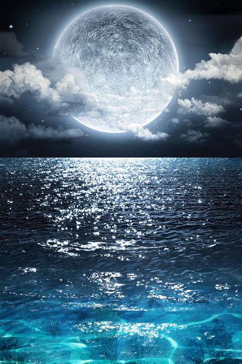 Wallpaper Full Moon Blue Sea Clouds Night Beautiful Nature