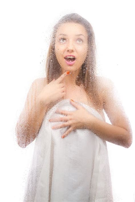 Beautiful Girl White Sheet Behind Wet Glass Stock Photos Free Royalty Free Stock Photos From