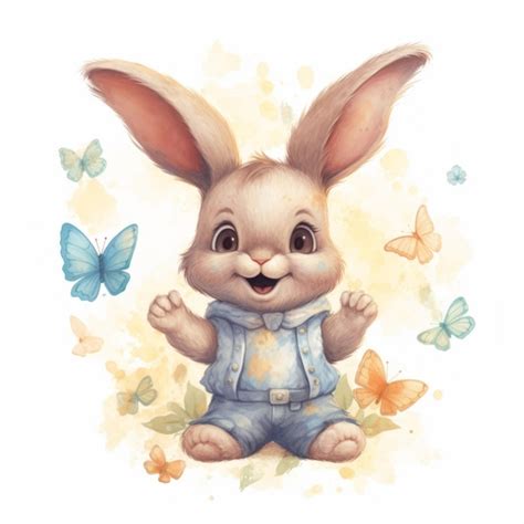 Premium Ai Image A Cute Cartoon Rabbit Is Smiling With A Butterfly In