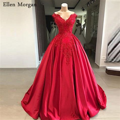Red Ball Gowns Satin Prom Dresses 2019 With Pearls Lace Sexy Off