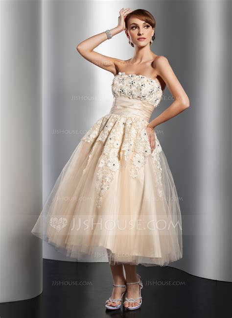 A Line Princess Strapless Tea Length Tulle Wedding Dress With Ruffle Lace Beading Flower S