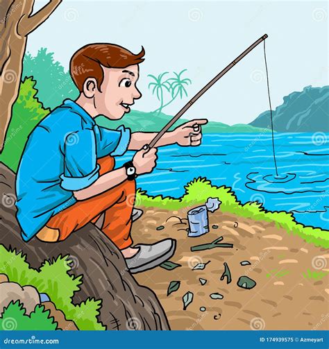 Illustration Boy Fishing At The River Stock Illustration Illustration