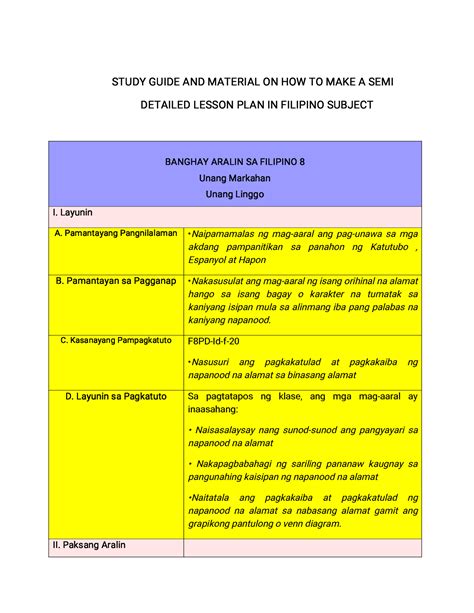 Example Of Detailed Lesson Plan In Filipino City Olongapo Gordon Elementary Mathematics Plans