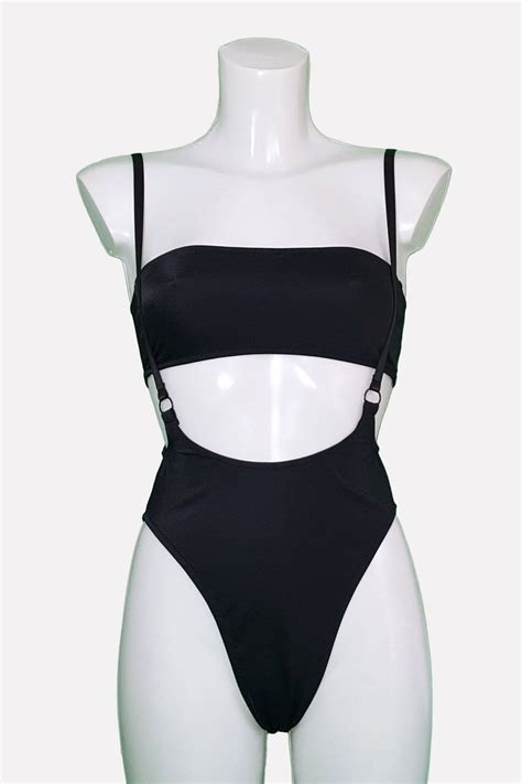 80s Swimsuit Suspender Outfit Lycra Costume High Waisted Swimsuit Black Bikini Set