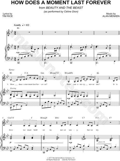 It is love we must hold onto never easy, but we try sometimes our happiness is captured somehow, our time and place stand still love lives on inside our hearts and always will minutes turn to hours, days to years then gone but when all. Celine Dion "How Does a Moment Last Forever" Sheet Music ...