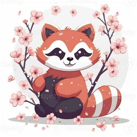 Cartoon Red Panda Sitting On The Ground Surrounded By Flowers