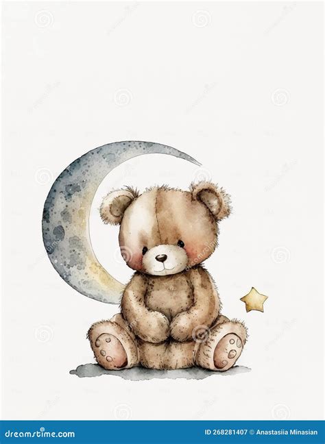 Teddy Bear Bunny Sitting On Moon White Background Handrawn Graphic