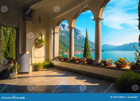 Fantastic View With Lake Como From The Beautiful Balcony Italy Stock