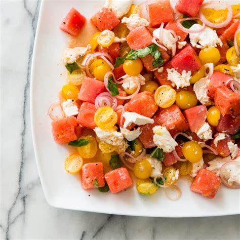 Watermelon Tomato Salad With Mozzarella Americas Test Kitchen Recipe