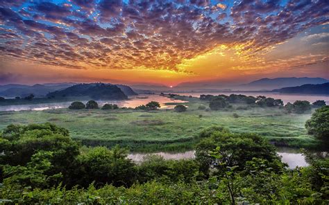 Changyeong South Korea Sunrise Orange Sky Clouds Evaporation Mist River