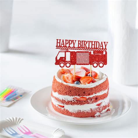 Buy Innoru Red Glitter Fire Truck Theme Happy Birthday Cake Topper For