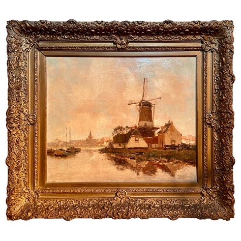 Antique 19th Century Dutch Oil Painting Of Windmill Signed G J
