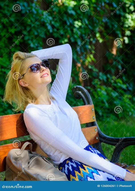Woman Blonde With Sunglasses Dream About Vacation Take Break Relaxing In Park Dream Vacation