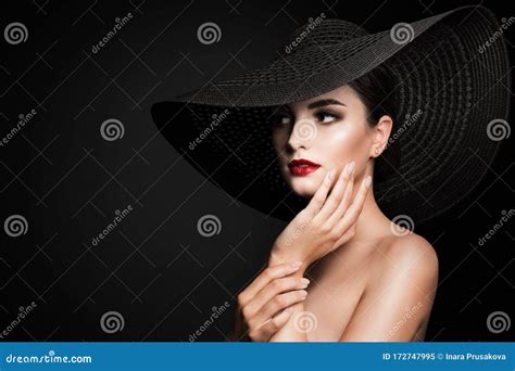 Woman In Broad Brim Hat Fashion Model Beauty Portrait Elegant Lady In