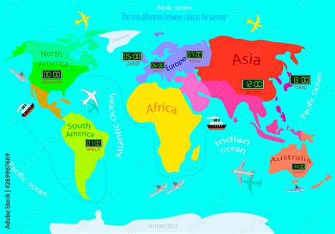 Plakat Time Zones On A World Map Time Difference Between Countries In