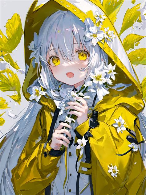 Wallpaper Anime Girls White Hair Flowers Yellow Raincoat Yellow