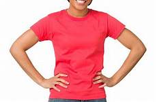 hands hips standing woman shirt happy young stock red