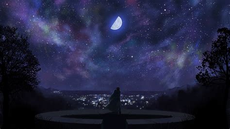 Wallpaper City Night Anime Galaxy Sky Clouds Moon
