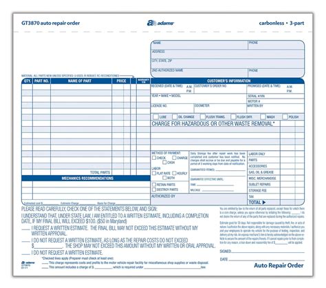 Free Printable Auto Mechanic Repair Order Forms Printable Forms Free