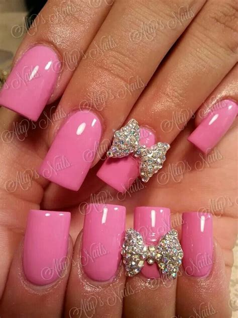 Bow And Pink Nails Nail Art Rhinestones Rhinestone Nails Pink Nails