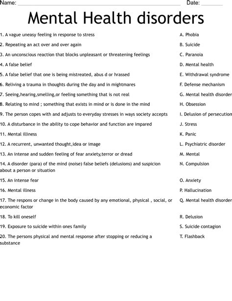 Mental Health Disorders Worksheet Wordmint