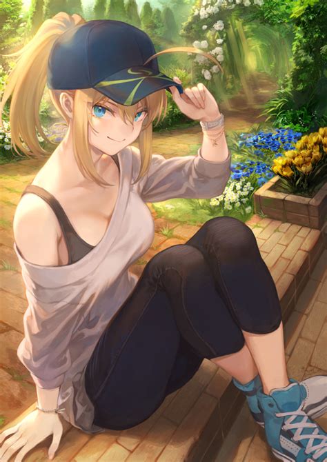 Safebooru 1girl Adjusting Headwear Ahoge Arm Support Artoria Pendragon All Baseball Cap