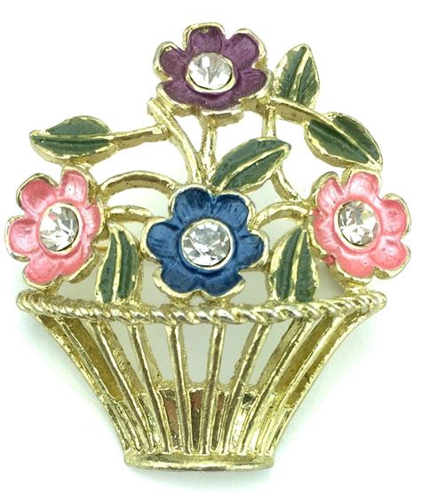 Vintage Gold Tone Enamel Flower Basket Pin Brooch Jewelry Statement Brooch Jewelry Enamel