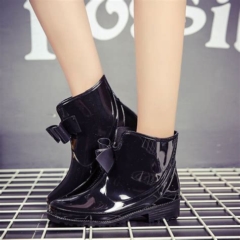 Ankle Rain Boots Female Low Heel Non Slip Rainboot Patent Leather Woman Fashion Bow Knot