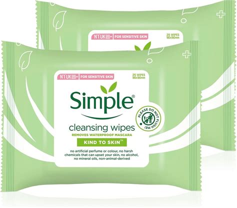 Simple Facial Cleansing Wipes Kind To Skin Sensitive 25s 2 Packs