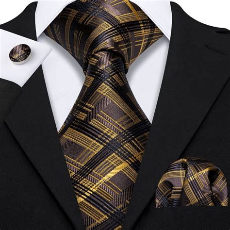 Brown Yellow Stripe Plaid Tie Pocket Square Cufflinks Set In 2020 Tie
