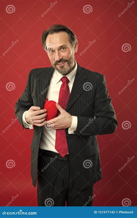 Pure Feelings Man Mature Handsome Guy Wear Elegant Suit Hold Red Heart Valentines Day