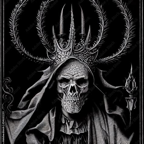 Skeleton King Gothic Engraving Illustration Filigree Background
