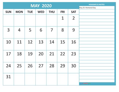 Free Printable May 2020 Calendar With Holidays