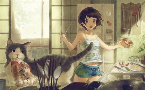 Pet Cat Anime Girl With Black Cat