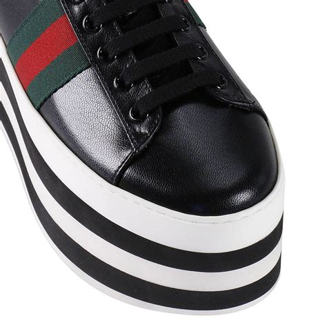 Gucci Leather Peggy Sneakers With Striped Maxi Plateau And Web Bands In