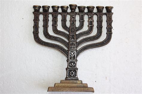 Old Vintage Brass Zodiac Signs Judaica Hanukkah Jewish Menorah Israel 9