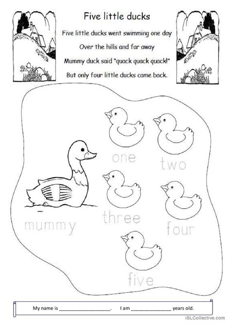 Five Little Ducks Song And Nursery R English Esl Worksheets Pdf And Doc